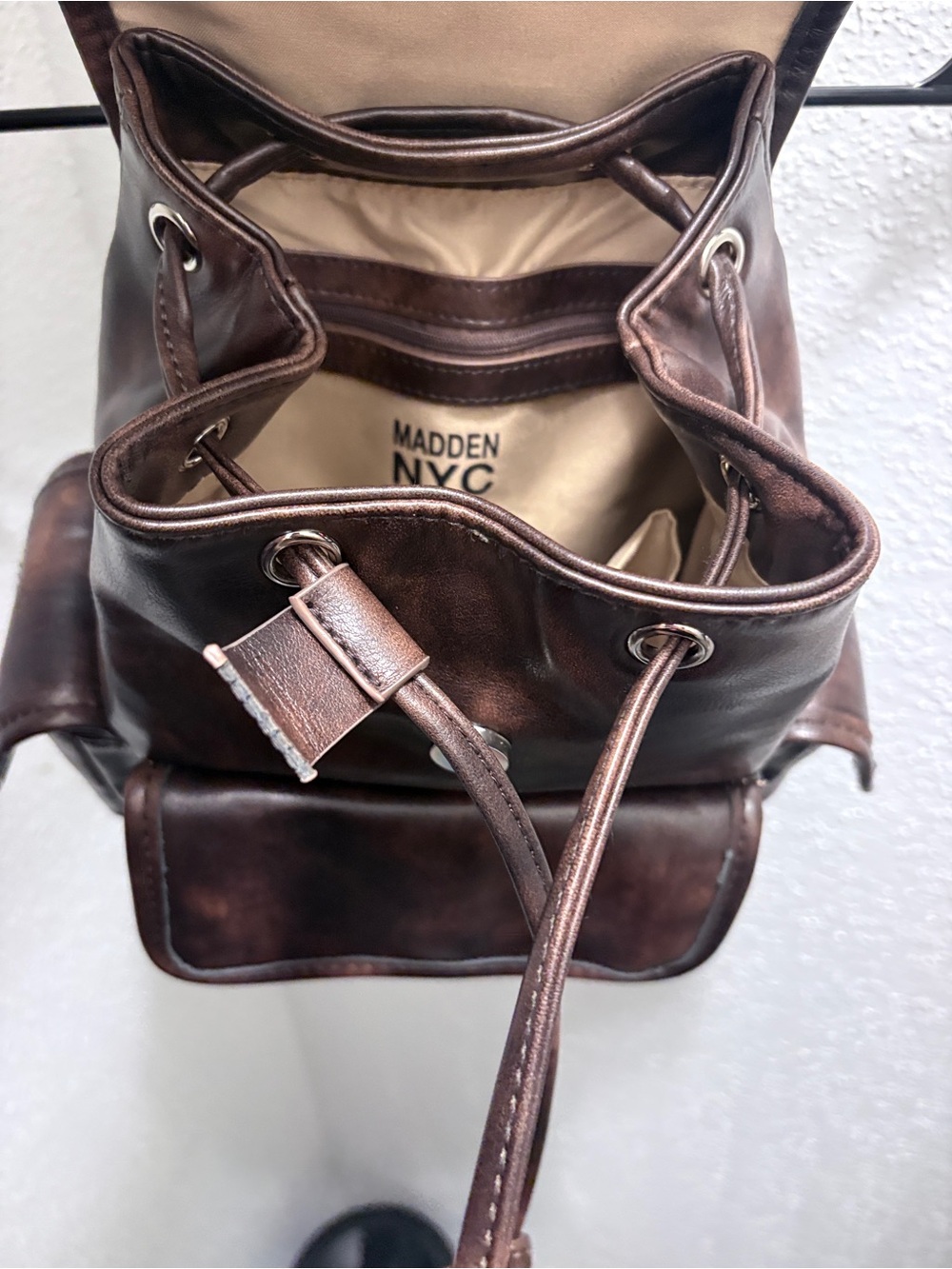 Madden NYC Brown Faux-Leather Drawstring Backpack